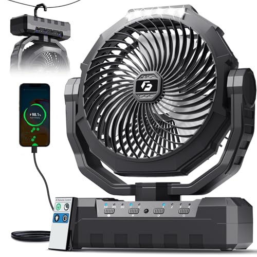 FRIZCOL 3-in-1 Camping Fan - Portable Fans Rechargeable - 24000mAh Battery Powered Fan(105Hrs) with Light & Remote for Indoor, Outdoor, Tent, Travel, Fishing, Jobsite, Gifts for Men Dad Him - Black
