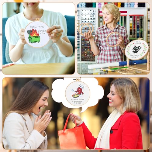 Image of Daifunli 3 Sets Funny DIY Embroidery Kits for Beginners Adults, Stamped Handmade Cross Stitch Starter with Animal It's Fine Patterns Needlepoint Kit with 3 Embroidery Hoop, Color Threads, Tools