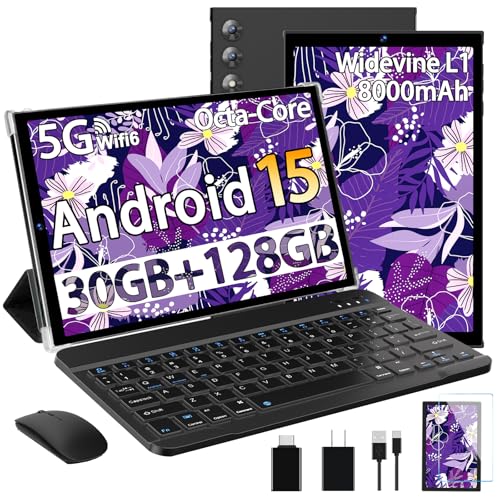 SKYEGG 2026 Android 15 Tablet 10.1 Inch Tablets, 30GB RAM 128GB ROM 1TB Expand, 8000mAh Battery, BT5.0, 2.4/5G Wi-Fi 6, Metal Body with Keyboard & Mouse, Gemini AI, Widevine L1 HD IPS Display - Black