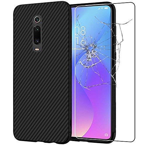 ebestStar - Funda Compatible con Xiaomi Mi 9T, Mi 9T Pro Carcasa Silicona, Protección Diseño Fibra Carbono Ultra Slim, Negro + Cristal Templado Protector Pantalla [Phone: 156.7 x 74.3 x 8.8mm, 6.39