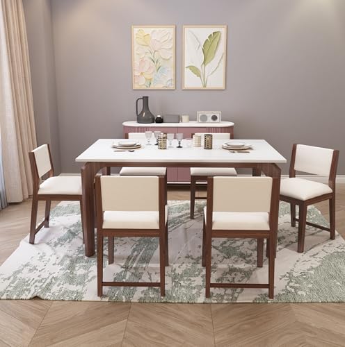 Image of MURALICRAFT Sheesham Wood 57 inch Dining Table 6 Seater | Marble Finish Six Seater Dinning Table Set with 6 Upholstered Dining Chairs | Table Top: Premium HDMR Wood | Chair: Curved Design | White & Walnut