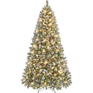 Yaheetech 6ft Pre lit Christmas Tree Snow Flocked Artificial Christmas Tree with 64 Snow Pinecones 920 PVC Branch Tips 250 Warm White Lights White Green