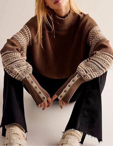 chouyatou Women's Fall Tribal Patterned Pullover Sweater Mock Neck Color Block Knit Jumper Sweater Top3