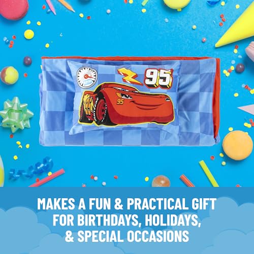 Image of Jay Franco Kids Slumber Bag and Pillow - 54 x 27 Inch Comfy Indoor Sleeping Bag for School and Sleepovers, 2 Piece Set, Blue - Cars