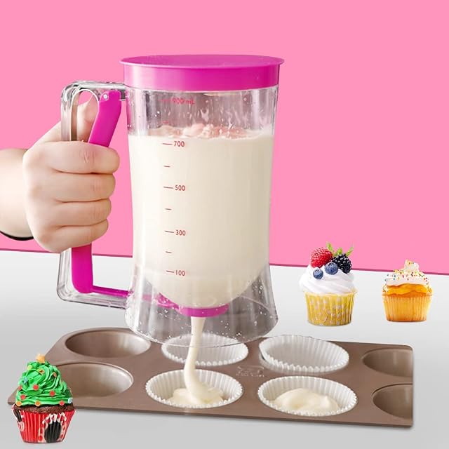 SIYINGSAERY Pancake Batter Dispenser 900ML Cupcakes Batter Separator Manual Batter Cream Speratator Cup Cooking Crepes Funnel Dispenser Maker with Measuring Label for Waffles Muffin Mix Cake, Purple