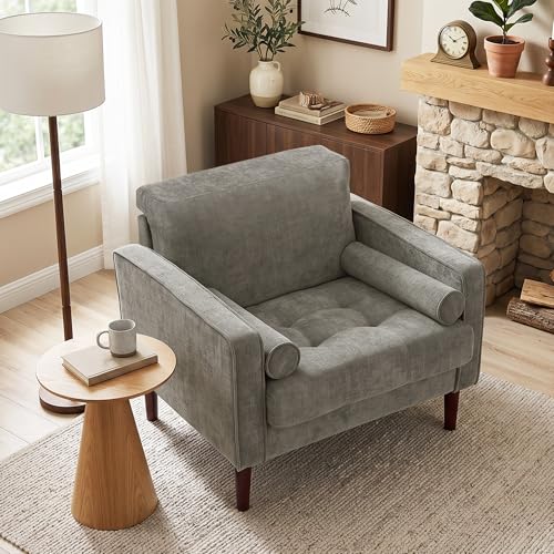Image of Accent Chair, Chenille Upholstered Armchairs for Living Room, Comfy Single Sofa Bedroom Reading Seat with 2 Bolster Pillows, Taupe