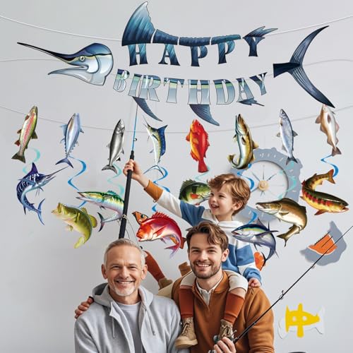 Image of Fishing Birthday Party Decorations - 10PCS Fishing Themed Banners with Hanging Swirls Happy Bday Decoration for Fish Lovers Fisherman