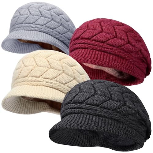 stablerice 4 Pack Womens Winter Beanie Hats Thick Warm Knit Hat with Visor Brim Wool Snow Ski Caps Chunky Soft Slouchy Cap Women Newsboy Caps Ladies Hat Knit Hats for Women