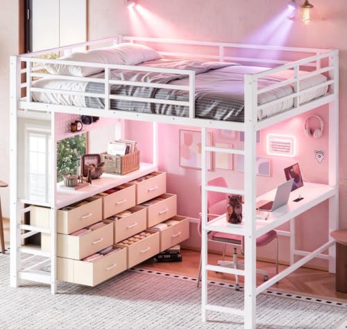 Image of Bellemave Metal Full Loft Bed Frame with Desk, Storage Drawers,USB,Mirror for Adults, Kids,Teens,White