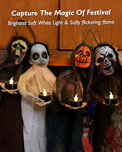 Image of merrynights Black Candles, 24 Pack Tea Lights Candles Battery Operated, LED Tealight Candle, Flameless Votive Candle for Fall Holiday Decor, Theme Party -1.4 inch D X 1.3 inch H