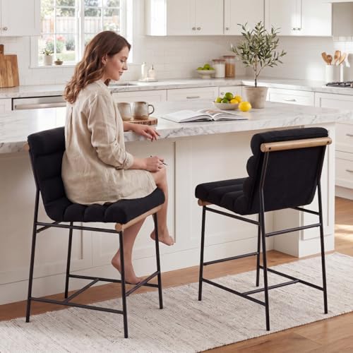 Butacos de barra, juego de 2 unidades, altura 25 pulgadas, tapizados en lino con asiento y respaldo acanalado, estilo moderno con patas metálicas, color negro miniatura 1
