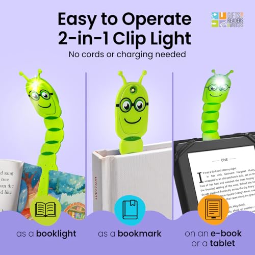 Image of Gifts for Readers & Writers Book Light for Kids, Clip On Reading Light for Bed, 2in1 Flexilight Pals & Bookmark, Small & Lightweight with a Soft Glow, 2 Batteries Included, Bookworm Green