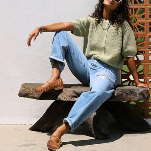 Hand Woven Mesh Flats for Women Ballet Mary Jane Flats Summer Ballet Buckle Strap Ballerina Flat Shoes, Ultra Soft, Arch Support, Office Casual Dressy, Mesh Shoes for Women Brown2