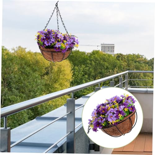 Panier fleurs suspendu extérieur fer résistant aux intempéries avec fleurs violettes - 8