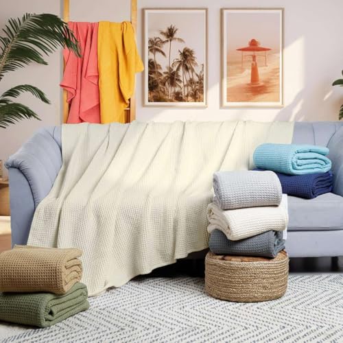 Image of Super Soft & Breathable 100% Microfiber Waffle Blanket - Throw Blanket and Quilt for Bed & Sofa Double(90x100) Size - Ivory Solid