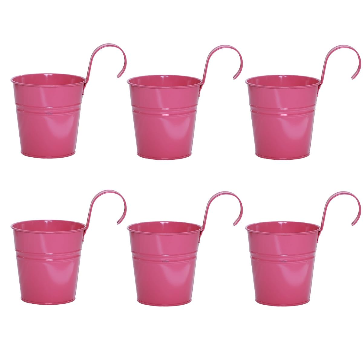 Meklitrz Pink 6Pcs Vintage Hanging Flower Pots Metal Iron Bucket Planter Plant Pots With Detachable Hook For Fence Balcony Garden Wall Home Decor Outdoor Patio, With Drainage Hole(Pink)
