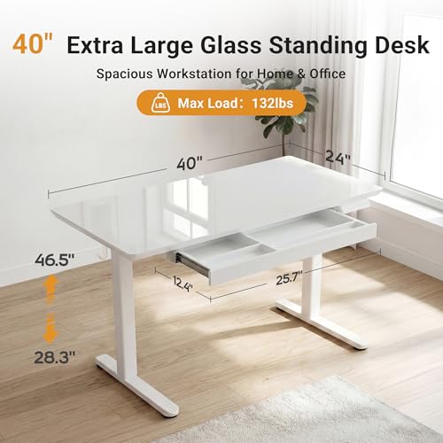 Image of YDN Glass Standing Desk with Drawer, 40 x 24 Inches Electric Adjustable Height Desk, Sit Stand Home Office Desk with Tempered Glass Top, 4 Memory Presets Ergonomic Computer Desk, Super White