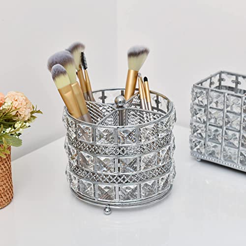 Feyarl Rotating Crystal Makeup Brush Holder 4 Compartments Round Vantiy Cosmetic Beauty Tools Display Case Organizer Container Storage Bling Comb Pen Pencil Holder For Dresser Bedroom Office Deco #TOP6