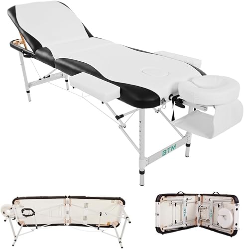 BTM Massage Table, Aluminium Lightweight Massage Bed, Eyelash Bed for Professional Beauty Tattoo Spa,3 Section with PU Leather and 5 cm Foam Headrest Arm support and Carrying Bag (White)