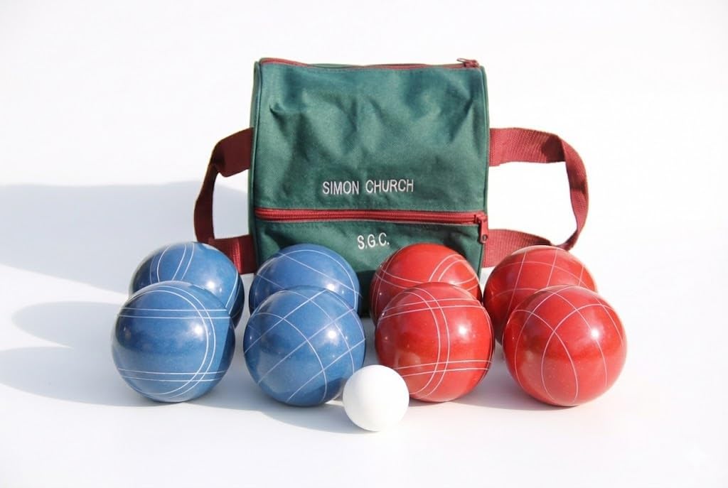 BuyBocceBalls Listing - Made in USA, Premium Quality Tournament Bocce Set - 110mm, Rustic Blue/Red Balls and Engraved Green/Maroon Bag, 998 Grams (2 lbs. 3.2 oz.).