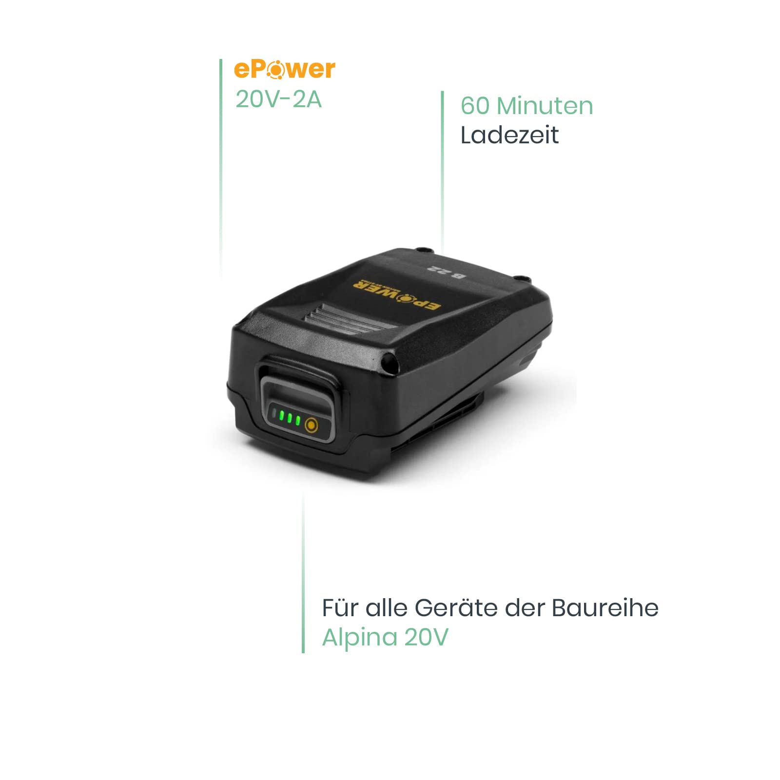 Alpina Batería E-Power B 22 de iones de litio de 20 V. Capacidad de batería 2 Ah. Compatible con todas las herramientas manuales y cortacéspedes Alpina de 20 V. Indicador LED de carga de la batería