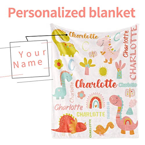 Image of Personalized Dinosaur Blanket with Name for Girl Custom Blanket for Kids