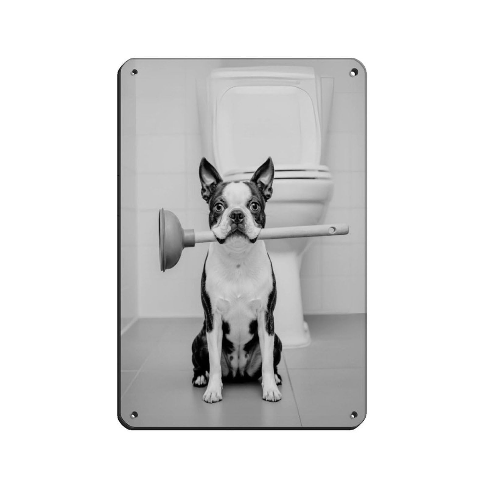 Boston Terrier Bathroom Art, Plumber Dog with Plunger Tin Sign Vintage Metal Pub Club Cafe Bar Home Wall Art Decoration Poster Retro 8x12inch(20x30cm)