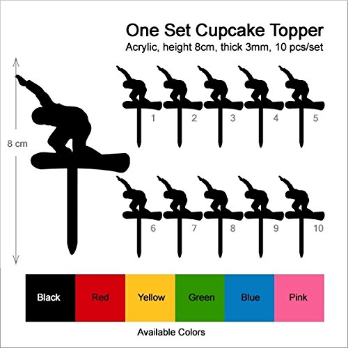 TA0285 Snowboard Snowboarding Silhouette Party Wedding Birthday Acrylic Cupcake Toppers Decor 10 pcs