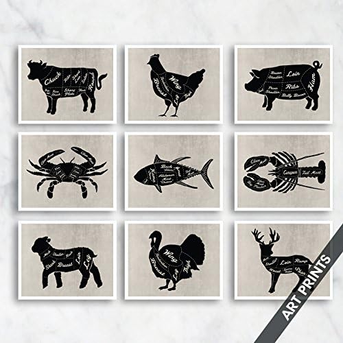 Beef, Chicken, Pork, Crab, Tuna, Lobster, Lamb, Turkey, Venison Set of 9 5x7 inch Unframed Art Prints (Black on Vintage Linen)
