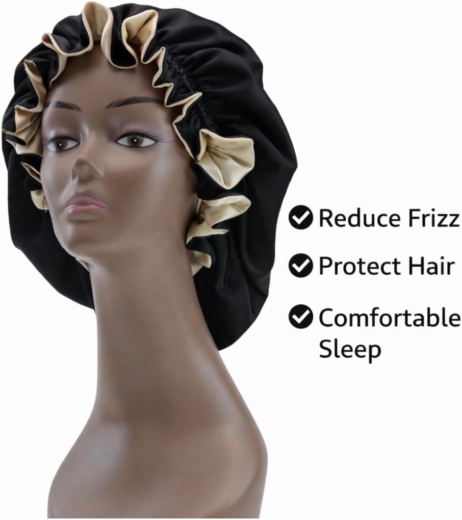 Satin Pillowcase Set with Adjustable Sleep Bonnet, 2 Satin Pillowcases 20x 30 Inch + 1 Satin Bonnet, Silky Soft Anti-Frizz Hair Protection Sleep Set for Women. (Black)
