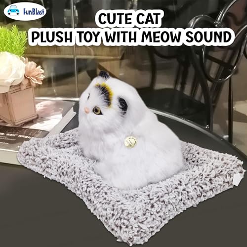 Image of FunBlast Cute Cat Plush Toy with Meow Sound, Toy Accessories for Car Dashboard & Home Decor, Realistic Cat Pet Toys with Bed, Gift for Kids (White-Random)