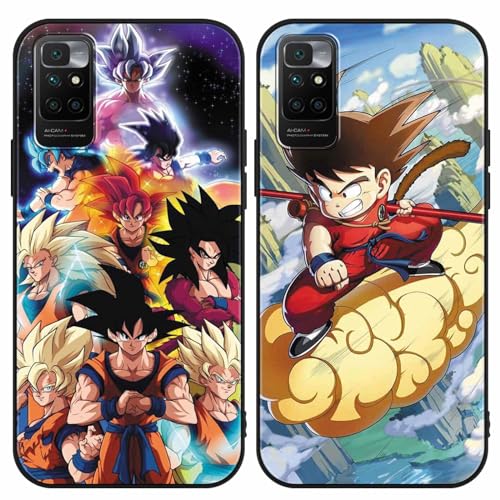 [2 Piezas] Anime Funda para Xiaomi Redmi 10(4G) 6.5'', Cover Dragonball Z Super Saiyan DBZ Son Goku Patrón Fine Diseño Carcasa Anti-Choques Suave Negro TPU Protectora Case Animadas Fundas, Negro4