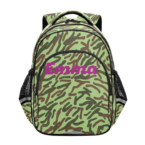 RPLIFE Mochila infantil de 15 pulgadas para niñas y niños, con nombre personalizado, camuflaje verde, mochila para niños y niñas para la escuela primaria, Camuflaje Verde 1, Small
