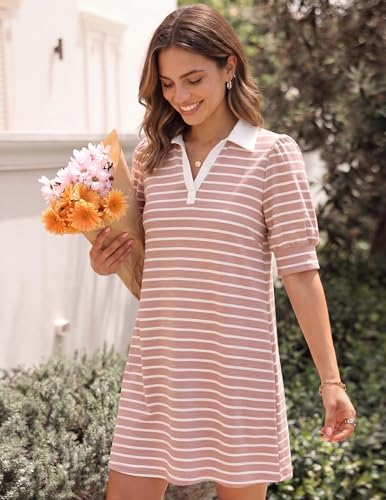 Image of ZESICA Womens Summer Striped T Shirt Mini Dresses 2026 Casual Lapel V Neck Short Sleeve Flowy A Line Beach Vacation Dress