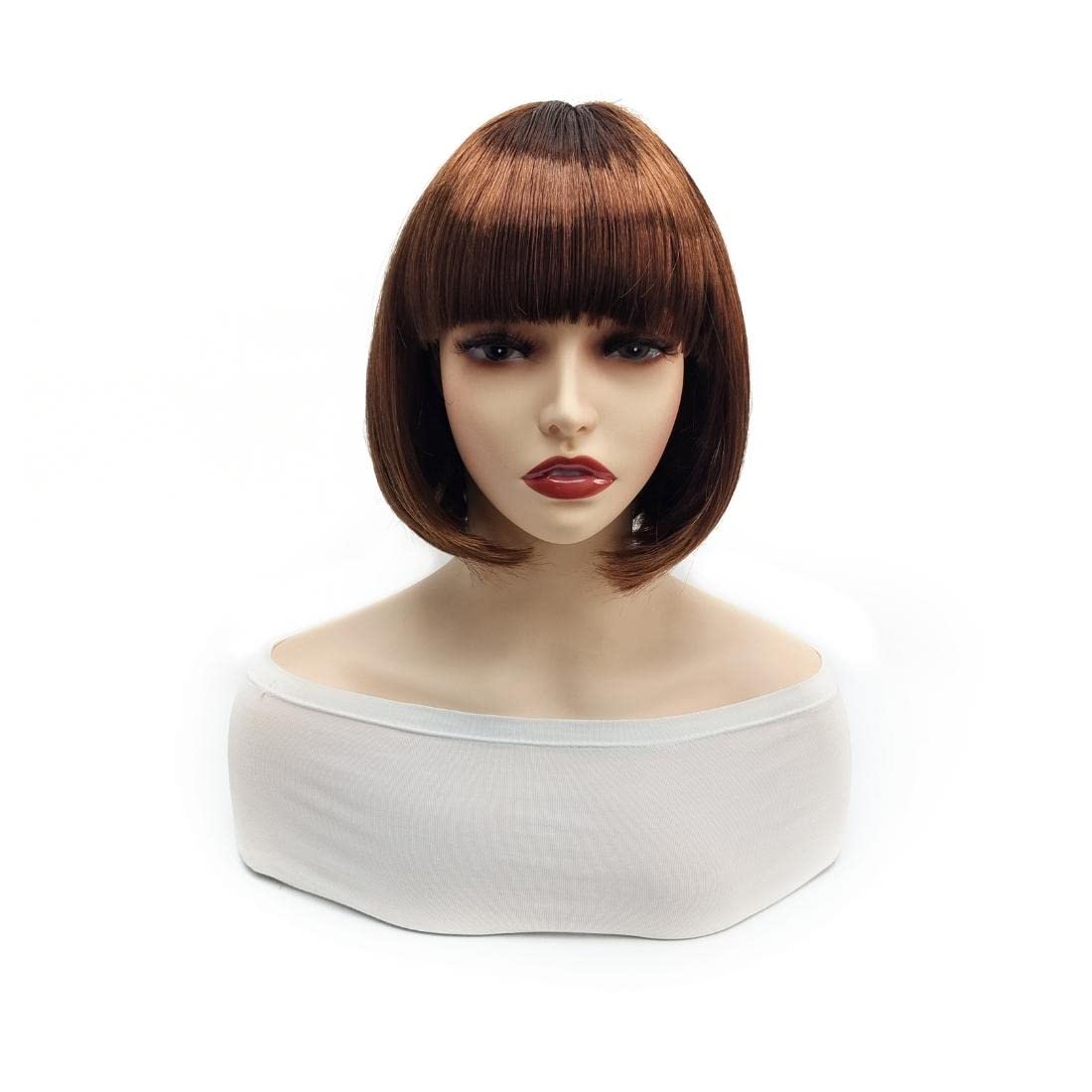 Short Bob Hair Wigs 12" Straight with Flat Bangs Synthetic Colorful Anime Cosplay Daily Party Wig for Women Girls Natural As Real (Brown)