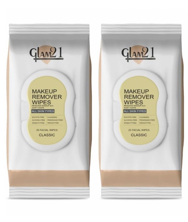Glam21 Makeup Remover Wipes| Fragrance Free Pre Moisturized 100% Cotton Fabric For Face Cleansing| Hydration and Refreshment | Suitable For All Skin-28pc Each (Classic Pack Of 2)-picture-22