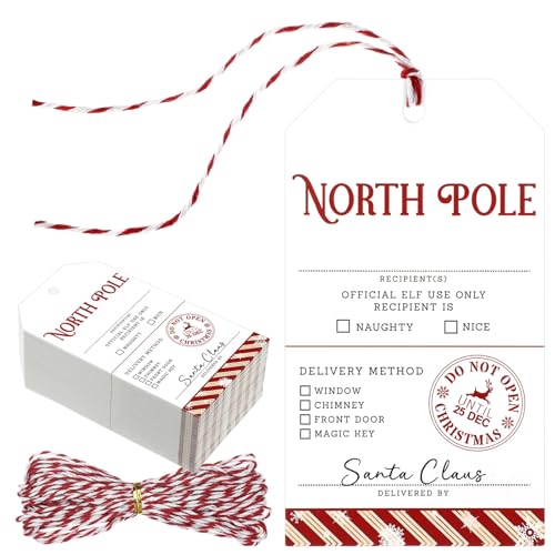 Fuyoooo 100 Pcs North Pole Christmas Presents Tags from Santa Red and White Xmas Santa Gift Tags with String for Presents Christmas Wrapping Paper Labels for Xmas Party Treat Cookie Decor