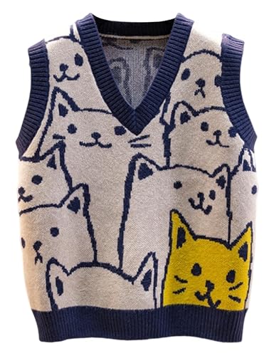 Xunger Women’s V Neck Knit Sweater Vest Sleeveless Cute Cat Print Sweater Pullover Tops