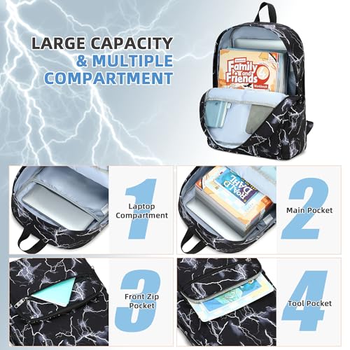 School Backpack Set For Girls Boys College Bookbag Laptop Backpacks 3PCS Kids Elementary Middle Schoolbag With Lunch Bag Casual Travel Daypack For Teens Students Women Men-Lightning Black3