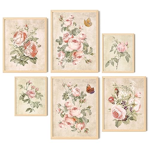 EXCOOL CLUB Vintage Rose Wall Decor - 12x16 Coquette Wall Decor, Rustic Pink Rose Poster, Pink Vintage Bathroom Decor, Retro Roses Pictures, Victorian Floral Paintings for Home Bedroom (UNFRAMED)