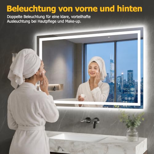 XRAMFY Badspiegel mit Beleuchtung 70x90cm mit Anti-Beschlag, IP65 Wassergeschützt, Spiegel mit Beleuchtung Dimmbar mit 3 Lichtfarben – Ansicht 2
