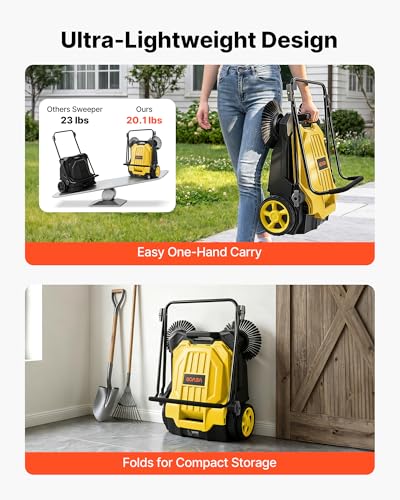 Image of VEVOR Walk-Behind Hand Push Floor Sweeper, Manual Floor Sweeper Non-Electric with 25.6 inch Sweeping Width, 5 Gallons Waste Container & Adjustable Folding Handle for Yards Walkways Patios Garages - Yellow