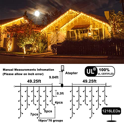 99Ft 1216 Led Christmas Lights Outdoor - 8 Modes Icicle Lights With 228 Drops, Waterproof Plug In Fairy String Lights With Timer Memory For Party, Holiday, Wedding, Christmas Decoration, Warm White #TOP4