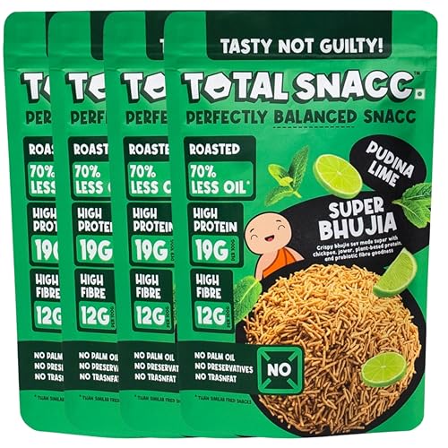 Image of TOTAL SNACC Roasted Bhujia Pudina Lime (125g x 4 Packs) | High Protein 19g, High Fibre 12g | 70% Less Oil | No Palm Oil | Baked Bhujiya | Healthy Namkeen | High Protein Snacks | Diabetic Friendly | Millet Bhujia | Low Calorie
