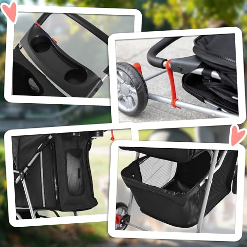 PawHut Hundewagen Hundebuggy klappbar für Hunde & Katzen bis 10 kg Katzenbuggy mit Kissen Netzfenstern Getränkehalter Aufbewahrungstasche Katzenwagen Buggy Schwarz
