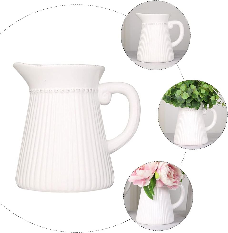 Amosfun Ceramic Pitcher Vase Flower Pot with Handle White Decorative Vase Water Pitcher Porcelain Flower Holder Arrangements Home Office Decoration - Image 4