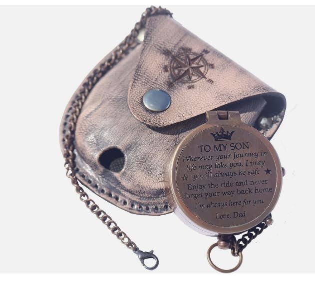 Brújula de latón grabada para hijo con cadena y estuche de cuero – Regalo inspirador de papá miniatura 2