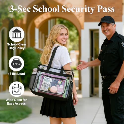 Image of PACKISM Clear Tote Bag for School - Large Heavy Duty Clear Tote for Girls | See Through PVC, Wide Zipper Opening, Front Pocket Keeps Essentials Visible for Students, Class, Work, Daily Carry, Age 12+