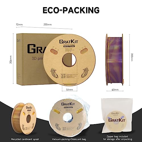 Image of Gratkit Silk Tri-Color PLA Filament，Coextrusion PLA Filament 1.75mm, + /-0.03mm, 1KG /Roll, Silk PLA Gold & Purple & Black