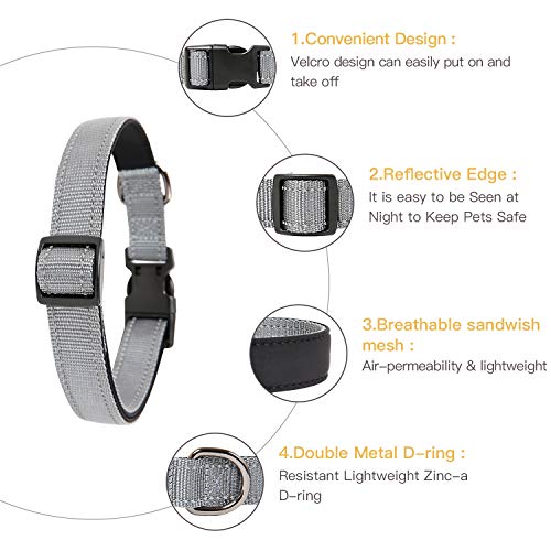 Image of HEELE Dog Collar, Reflective Dog Collar, Soft Neoprene Padded Breathable Nylon Pet Collar Adjustable for Small Dogs, Gray, S(10.23-14.96 inch)